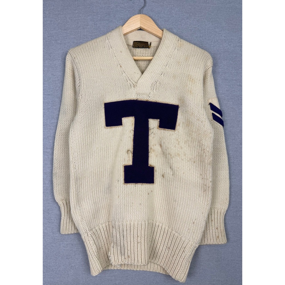 Vintage 50s Lowe & Campbell Wool Letterman Varsity Sweater Cream Purple Patch T